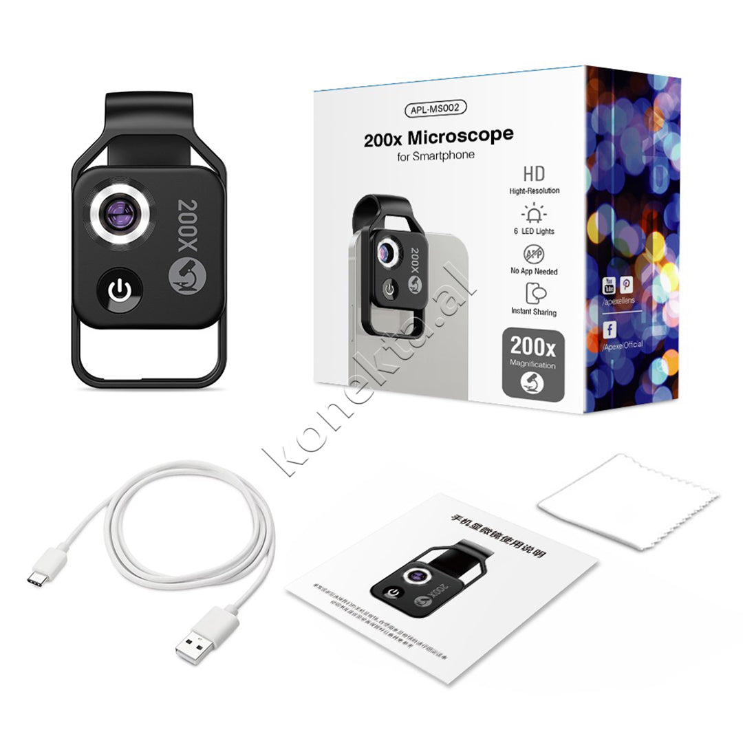 Lente Mikroskopike 200X HD Per Telefon Me Drite LED Apexel