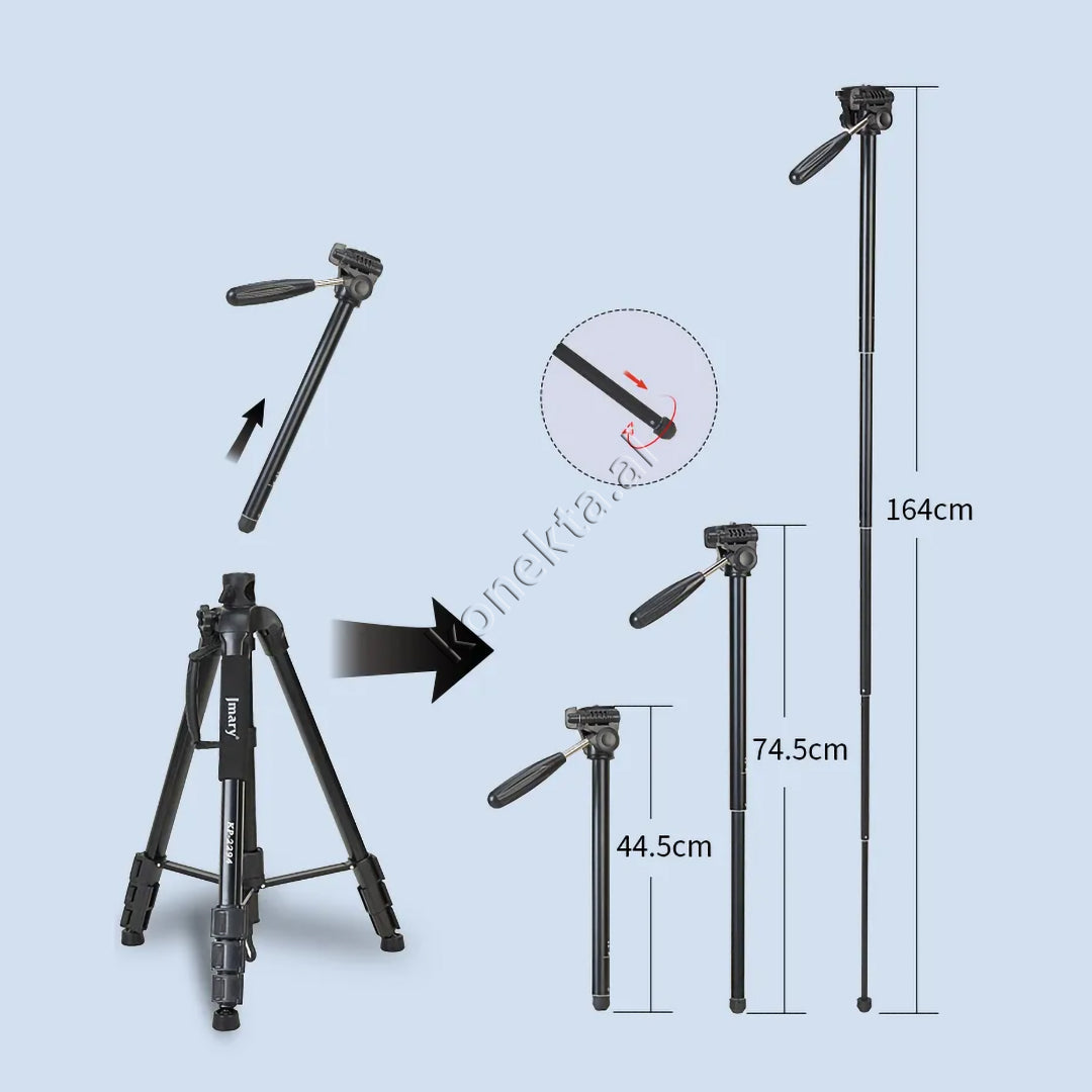 Trekëmbesh (Tripod) Profesional i Çmontueshëm për Regjistrime Dinamike Vertikale dhe Horizontale si Monopod me Gjatësi dhe Kënd Të Gradueshëm për Kamera, Telefon, Tablet ,GoPro, SLR,  Etj.