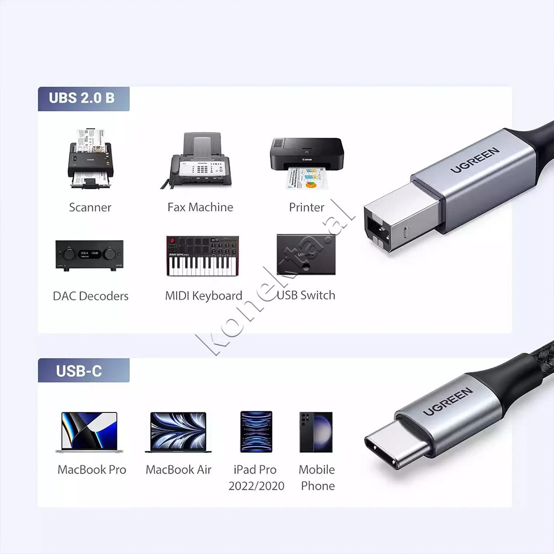 Kabell USB-C (M) Ne USB-B 2.0 (M) 3m Ugreen
