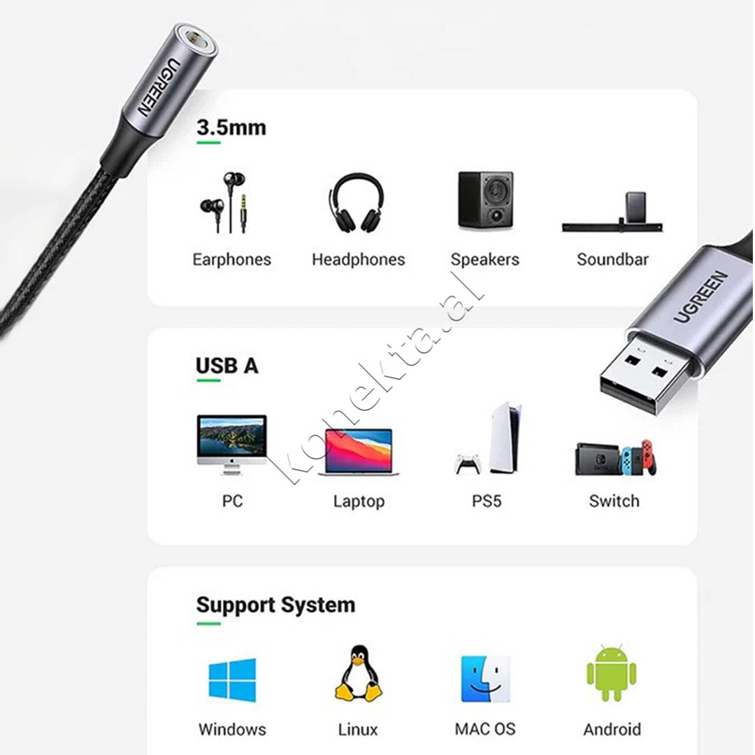Adaptor Kabell USB-A 2.0 ne 3.5mm Audio Ugreen 25cm