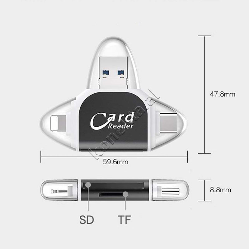 Adaptor Me Portë USB-A, USB-C dhe Lightning Për Kartë TF Dhe SD