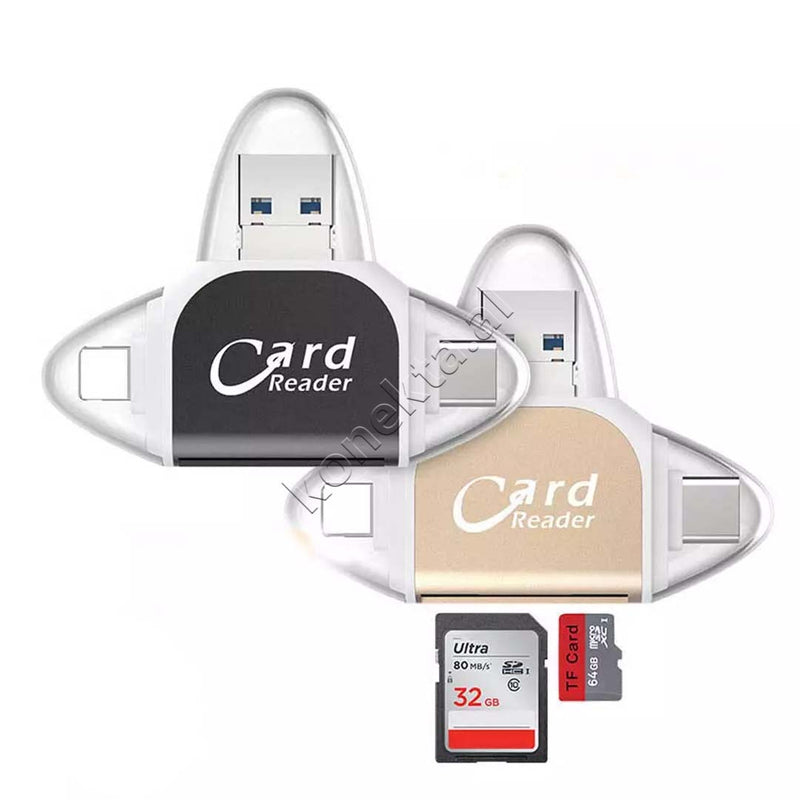 Adaptor Me Portë USB-A, USB-C dhe Lightning Për Kartë TF Dhe SD