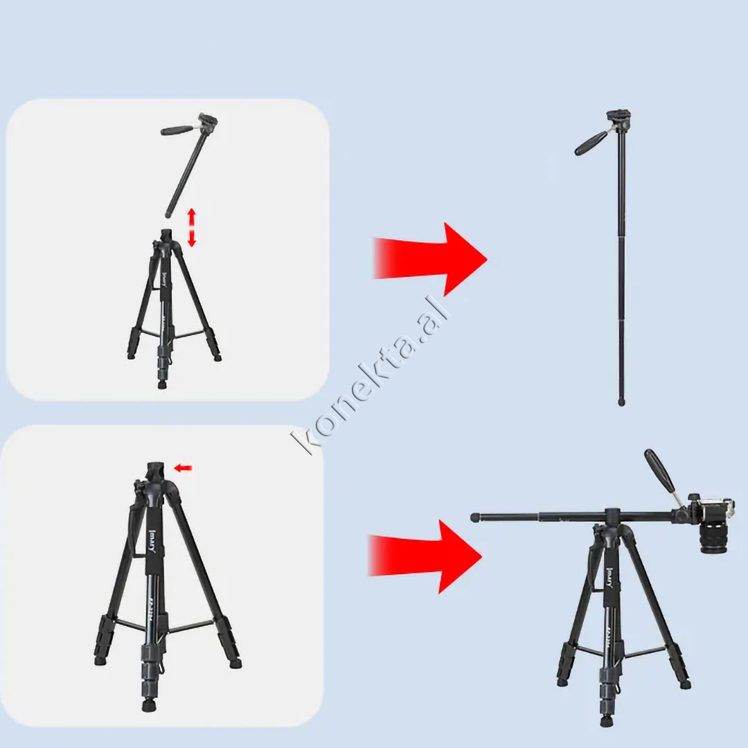 Trekëmbesh (Tripod) Profesional i Çmontueshëm për Regjistrime Dinamike Vertikale dhe Horizontale si Monopod me Gjatësi dhe Kënd Të Gradueshëm për Kamera, Telefon, Tablet ,GoPro, SLR,  Etj.