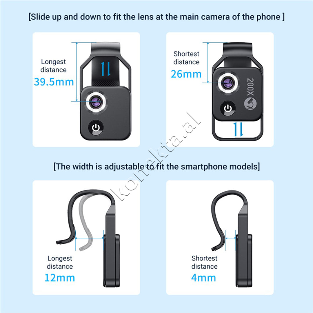 Lente Mikroskopike 200X HD Per Telefon Me Drite LED Apexel