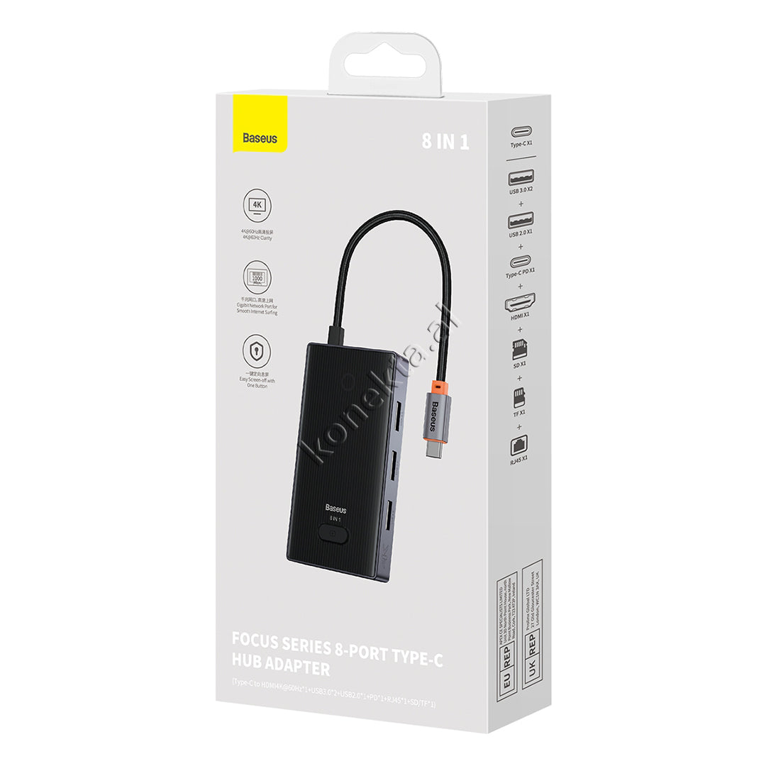 Adaptor HUB Baseus Me 8 Porta, HDMI 4K@30Hz, RJ45 1000Mbps, PD 100W, USB3.0 Dhe Lexues Karte TF/SD