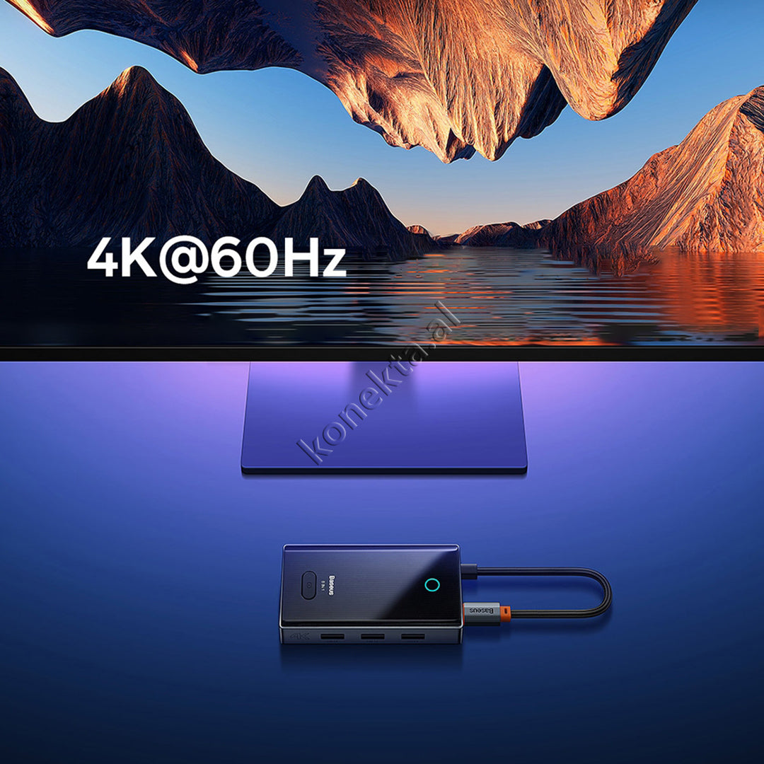 Adaptor HUB Baseus Me 8 Porta, HDMI 4K@30Hz, RJ45 1000Mbps, PD 100W, USB3.0 Dhe Lexues Karte TF/SD