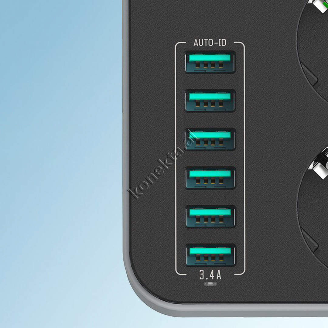 Multiprize 3 Vendeshe Me 6 Porta Usb Me Njohje Inteligjente E Karikim Te Shpejte
