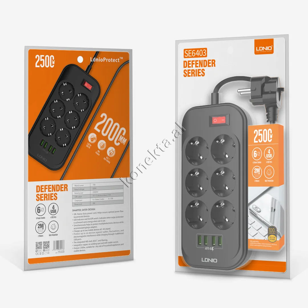 Multiprize 6 Vendeshe Me 4 Porta Usb Me Njohje Inteligjente E Karikim Te Shpejte