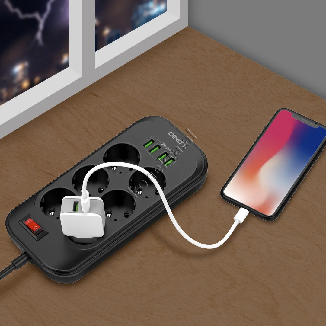 Multiprize 6 Vendeshe Me 4 Porta Usb Me Njohje Inteligjente E Karikim Te Shpejte