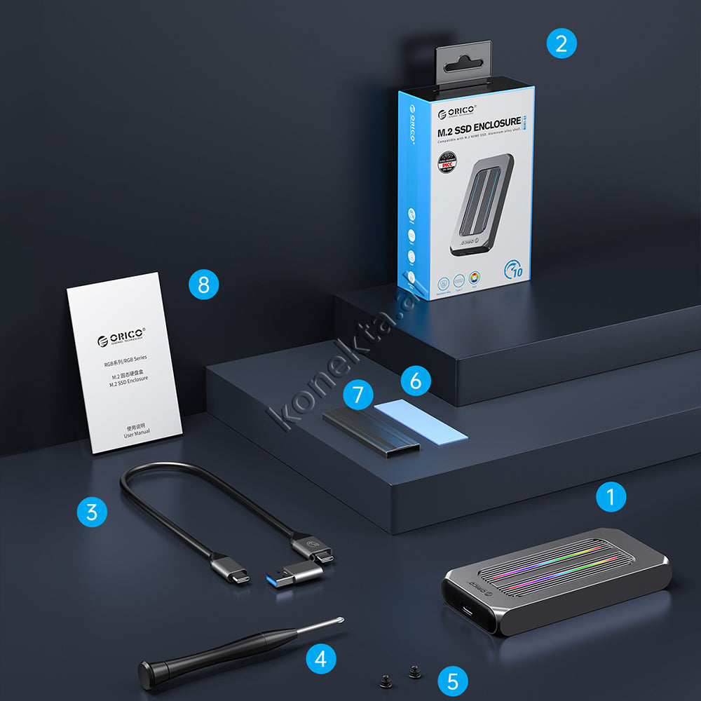 Mbajtese Dhe Lexuese SSD M.2 NVME Orico Me Porte Type-C Gen 2 Me Ndricues RGB