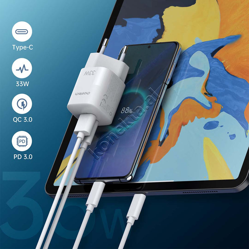 Adaptor Karikimi Fast Charge 33W Me Porte USB-A & Type-C Choetech
