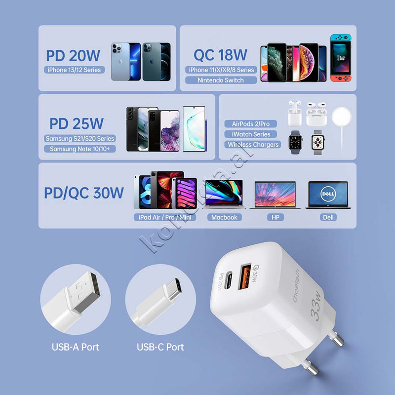 Adaptor Karikimi Fast Charge 33W Me Porte USB-A & Type-C Choetech