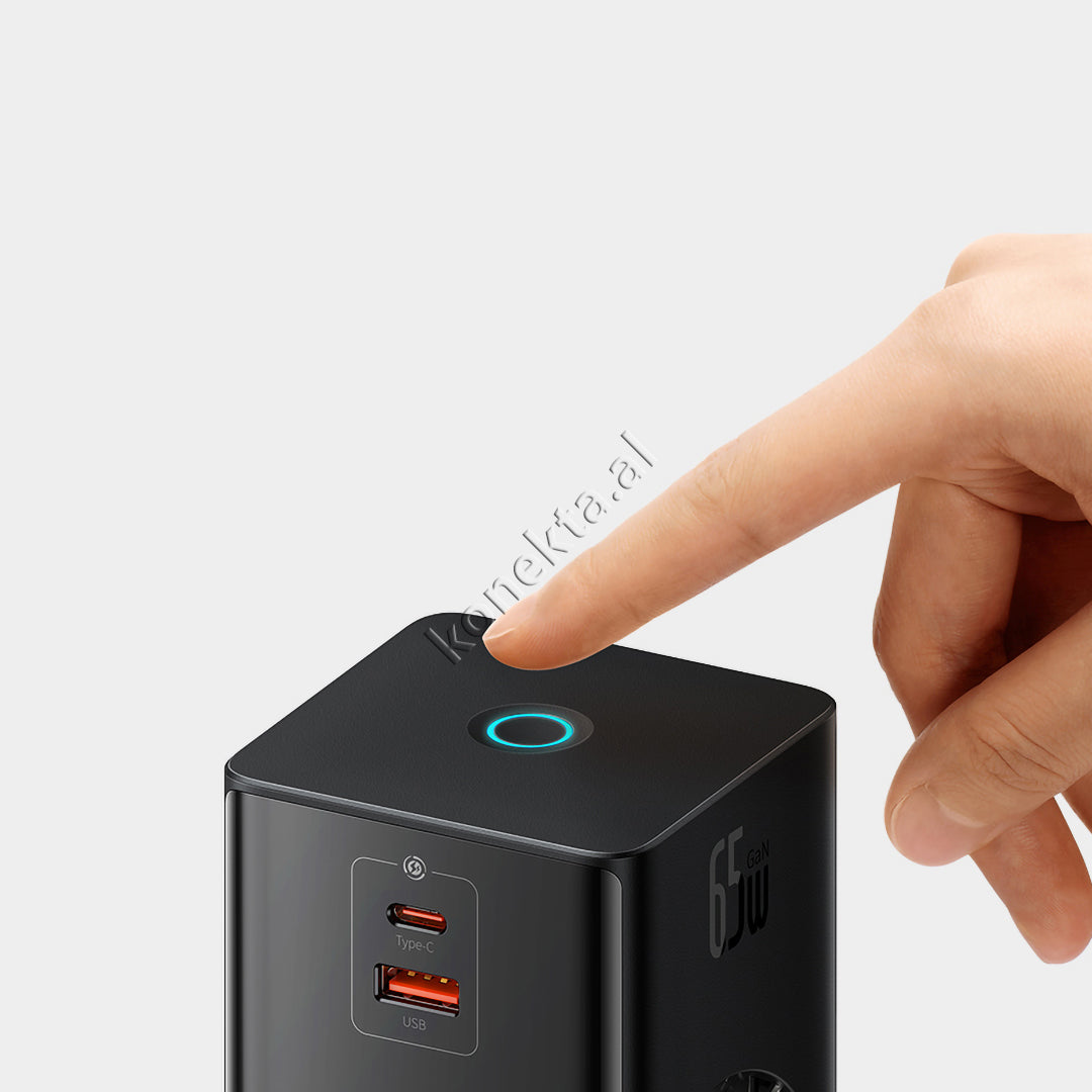 Karikues GAN 65W Me 2 Priza, 2 Porta Karikimi dhe Kabell Type-C Te Integruar