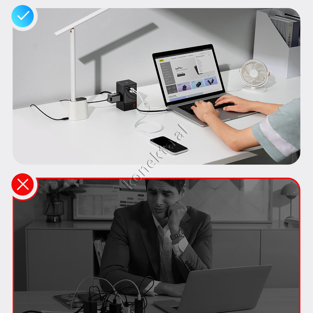 Karikues Me Teknologjine e Fundit GAN 65W Per Karikim Me Njohje Inteligjente Plot Siguri, Me 2 Priza, 2 Porta Karikimi dhe Kabell Type-C Te Integruar