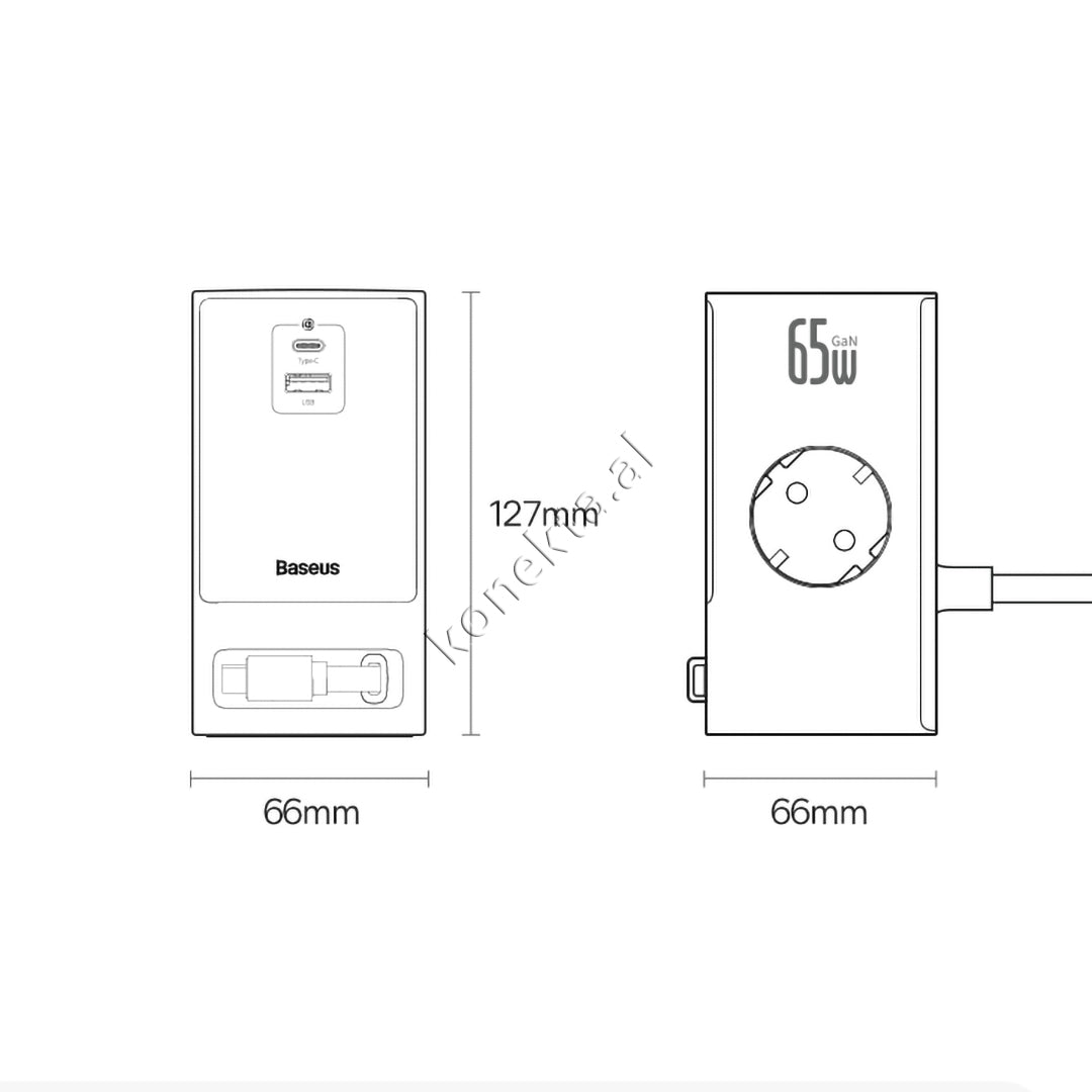 Karikues GAN 65W Me 2 Priza, 2 Porta Karikimi dhe Kabell Type-C Te Integruar