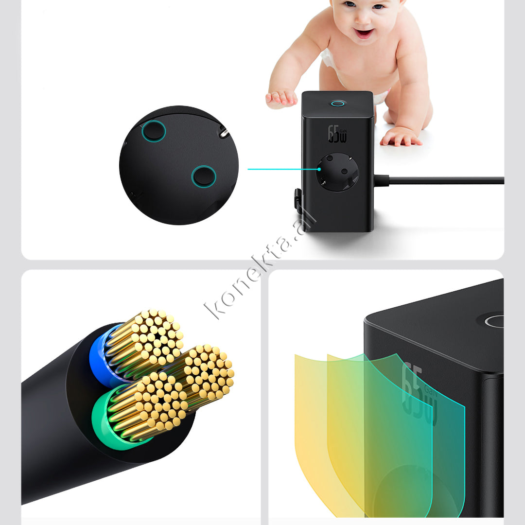 Karikues GAN 65W Me 2 Priza, 2 Porta Karikimi dhe Kabell Type-C Te Integruar