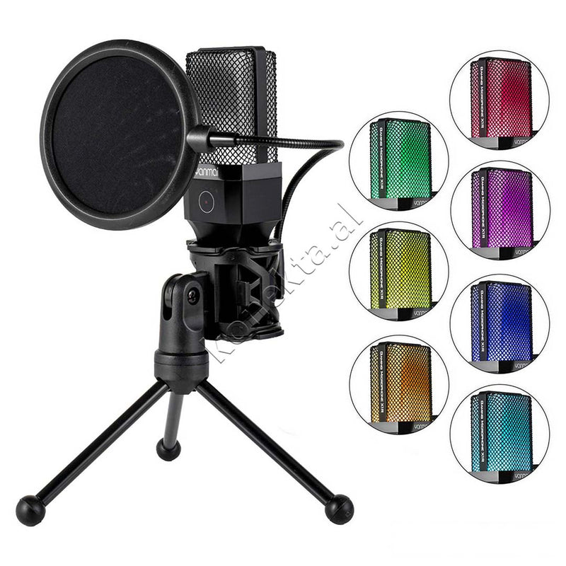 Mikrofon Cardioid Me Drita RGB Për Regjistrim Profesional të Zërit