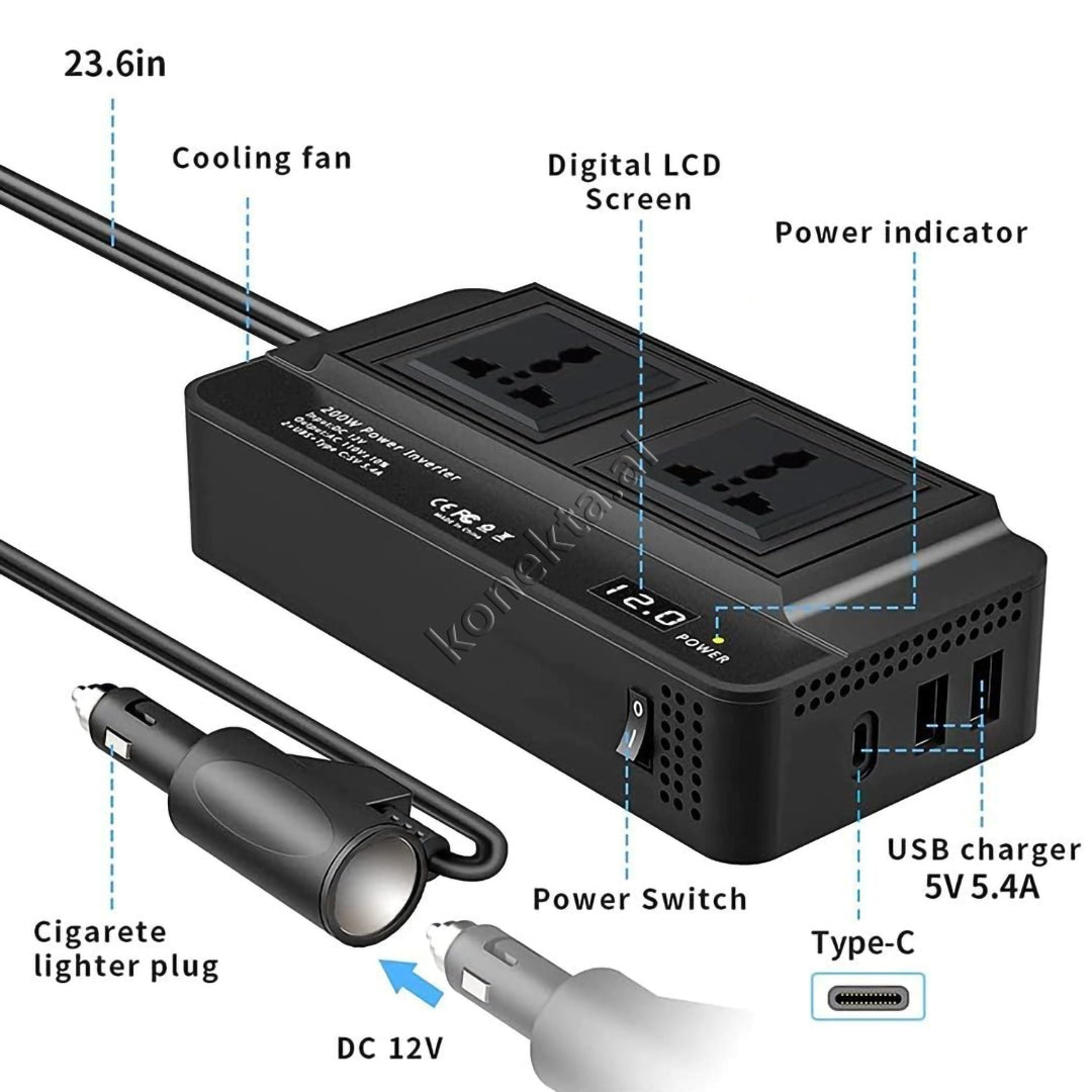 Konvertues Energjie 200W XO Me 3 Porta Karikimi dhe 2 Priza
