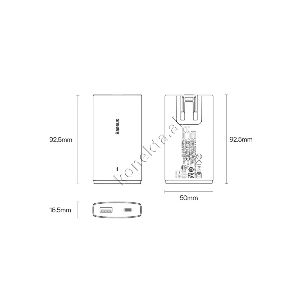 Karikues Ultra i Hollë 65W Baseus Me 1 Porta Type-C Dhe 1 Porte USB