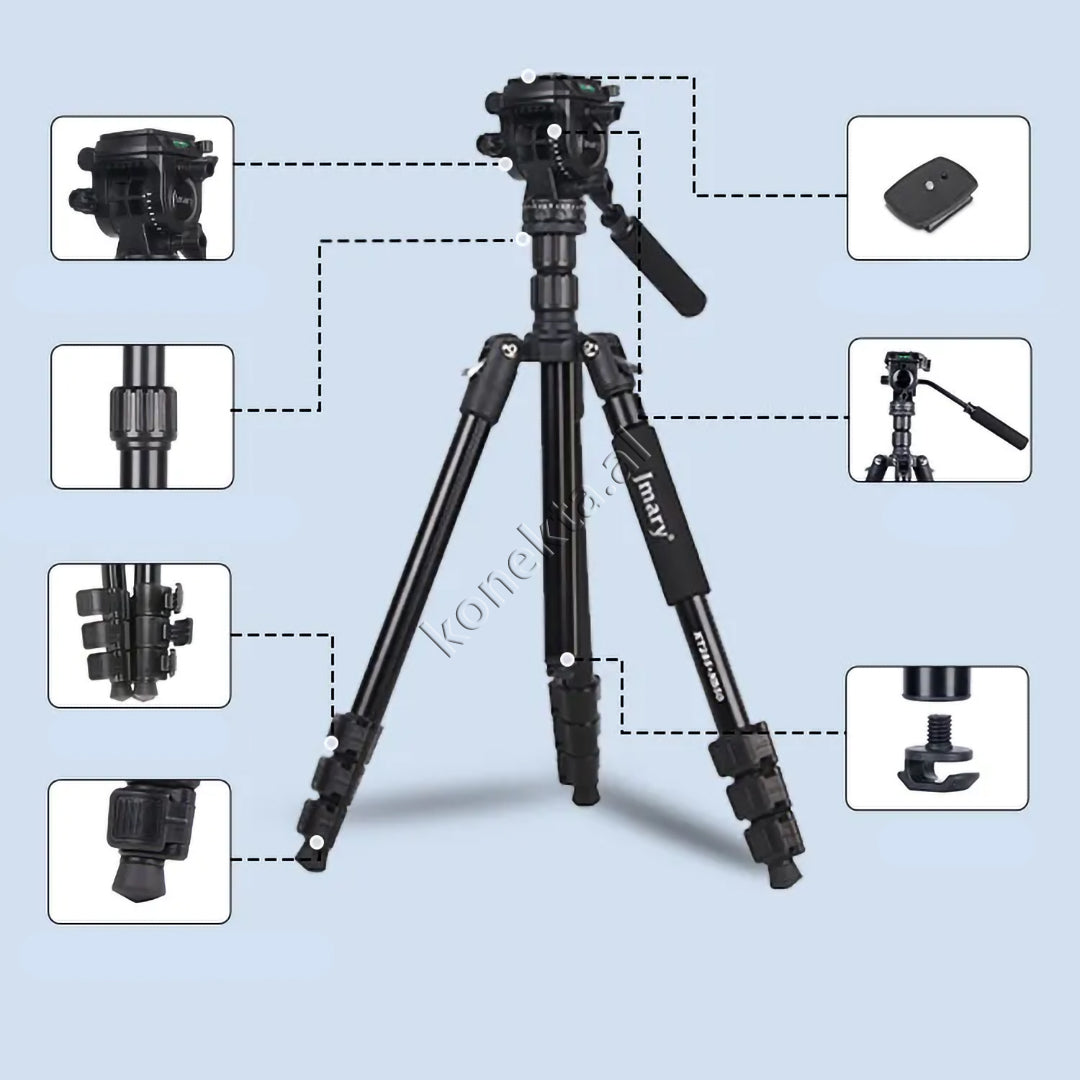 Trekëmbesh (Tripod) Profesional me Kokë Hidraulike i Çmontueshëm si Monopod dhe Gjatësi e Kënd Të Gradueshëm për Kamera, Telefon, Tablet ,GoPro, SLR,  Etj.