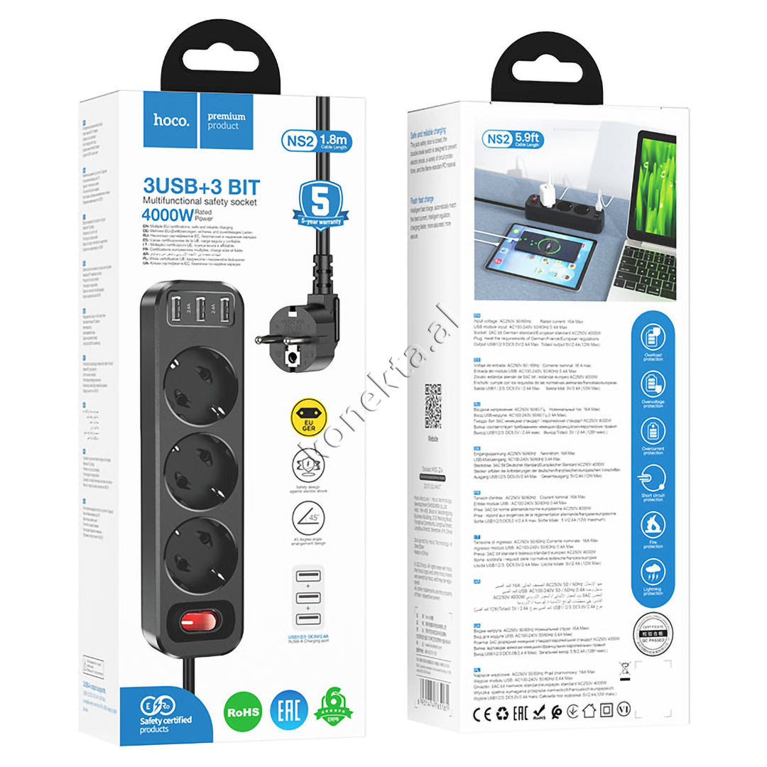 Multiprize 3 Vendeshe 4000W Me 3 Porta USB 2.4A
