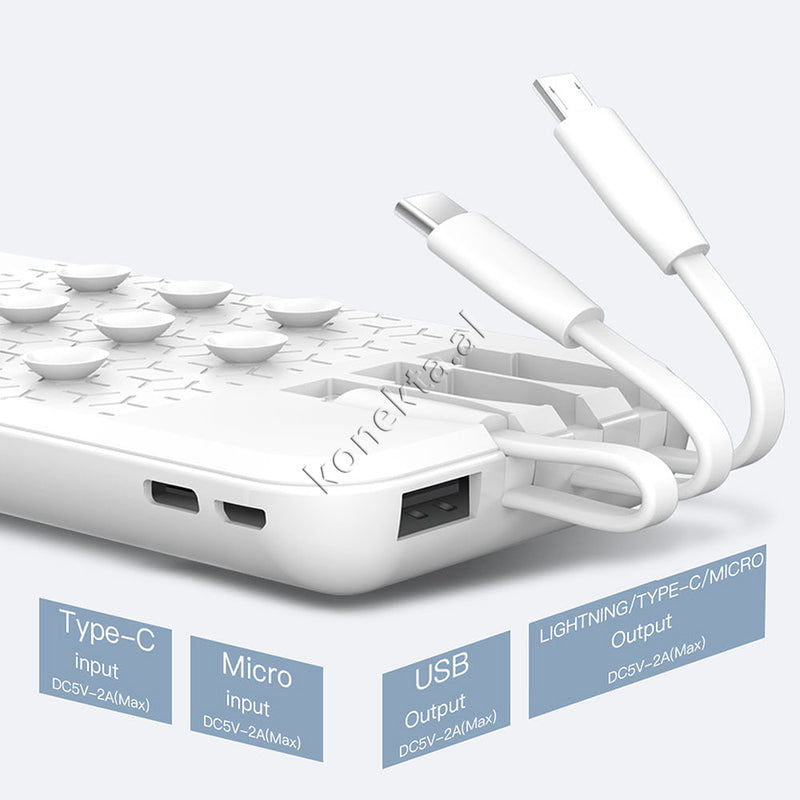 Bateri E Jashtme 10000mah Me 3 Porta + 3 Kabell Karikimi te Integruara Type-c / Lightning / Micro Xo